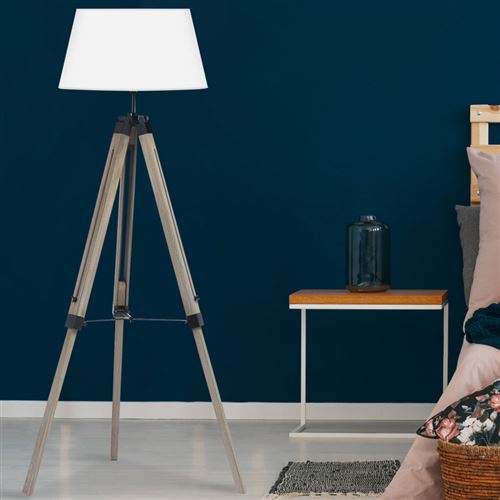 Lampadaire trépied bois foncé réglable blanc