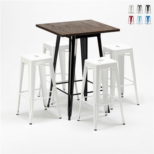 AHD Amazing Home Design - Ensemble Little Italy table haute et 4 tabourets en métal Tolix style industriel, Couleur: Blanc