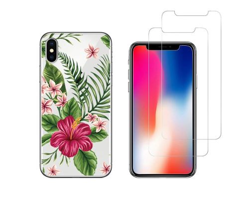 iPhone 10 iPhone X - Combo (1 coque + 2 verres trempés ) Coque Gel transparente et solide anti choc + 2 films en verre trempé (Bouquet Exotique)