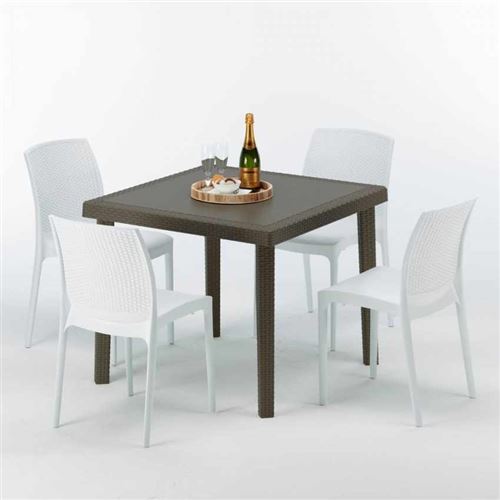 Grand Soleil - Table carrée et 4 chaises colorées Poly-rotin résine 90x90 marron, Chaises Modèle: Boheme Blanc