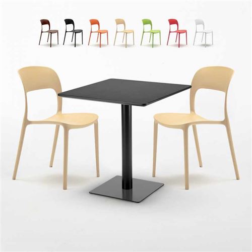 Table carrée noire 70x70 avec 2 chaises colorées Restaurant Kiwi, Couleur: Beige