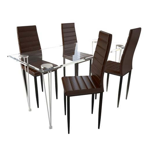 Lot de 4 chaises marron aux lignes fines avec une table en verre