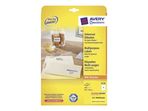 Avery Zweckform 6120 - Blanc - A6 (105 x 148 mm) 100 &eacute;tiquette(s) (25 feuille(s) x 4) &eacute;tiquettes