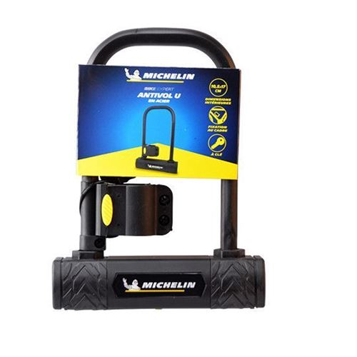 Antivol velo u michelin 105 x 170mm a cle en acier noir avec support fixation cadre