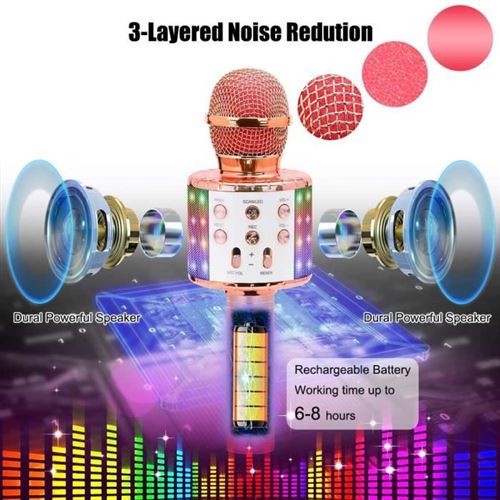 CUQOO Microphone Bluetooth Microphone karaoké avec fonction d'enregistrement Or rose Microphone sans fil 4 en 1 Karaoké avec lumières LED dansantes Machine de karaoké portable pour chanter 