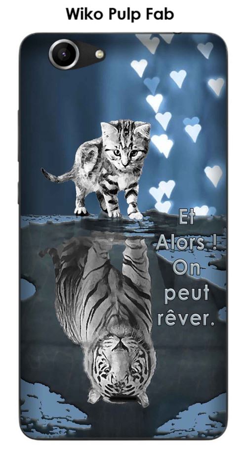 Coque TPU gel souple Wiko Pulp Fab design Chat Tigre Blanc fond bleu noir Et Alors !