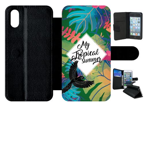 Etui My-Kase pour iPhone X - my tropical summer fond kaki - Simili-cuir Noir