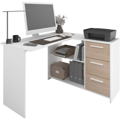 Parisot Blanc Bureau D'angle Essentiel Chêne-Look 3 Tiroirs 121,2 Cm - Image 3