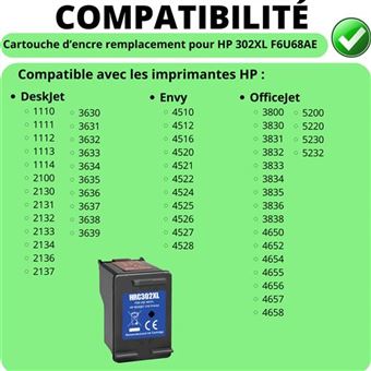 Pack Cartouches Encre 302 XL Noir + Couleur Compatibles HP - Pour Deskjet 3630-3639, Envy 4520-4528, Officejet 3830-5232 - 3