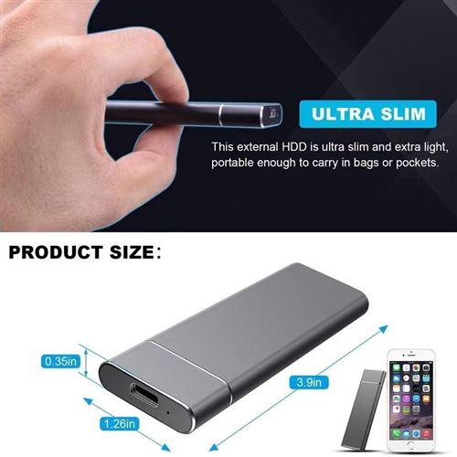 Disque Dur SSD Externe Portable 1TB 1To OTG Type-C USB Mini Taille Argent  avec Pochette Sac de Stockage en Tissu - Cdiscount Informatique