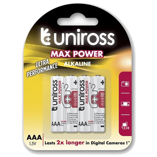 UNIROSS Pack de 4 Piles Alcalines AAA-LR03 Max Power High Tech 1,5V