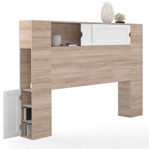 Tête de lit bois et blanc 145 cm avec rangements fermés et niches