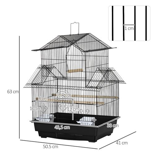 Cage à oiseaux avec mangeoires perchoirs 46 x 35,5 x 158,5cm avec Poignée  et Roues - Métal Noir