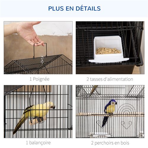 Cage à oiseaux avec mangeoires perchoirs 46 x 35,5 x 158,5cm avec Poignée  et Roues - Métal Noir