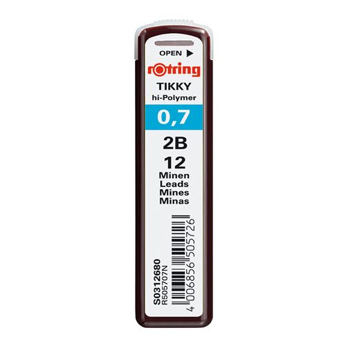 rOtring Tikky Recharge mines pour porte-mine, 0,7 mm - 2B, étui de 12 mines