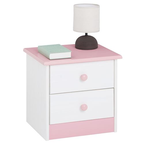 Table de chevet en pin RONDO 2 tiroirs, lasuré blanc/rose