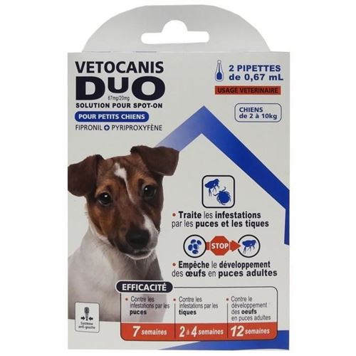 VETOCANIS Duo Spot on, Anti-puces et Anti-tiques pour petit chien, 2 pipettes