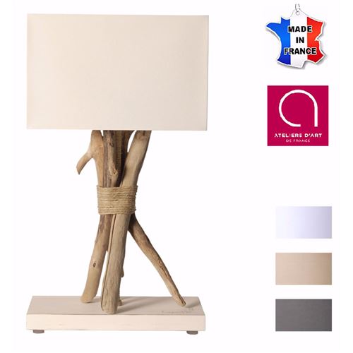 Lampe à poser artisanale en bois flotté naturel - Personnalisable - Fabriquée à la main en France - Blanc avec personnalisation - 25