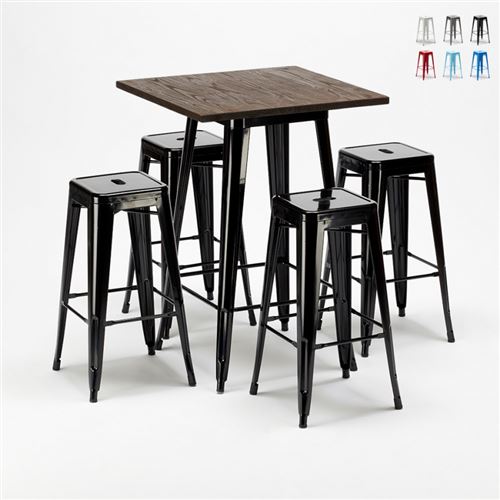AHD Amazing Home Design - Ensemble Little Italy table haute et 4 tabourets en métal Tolix style industriel, Couleur: Noir