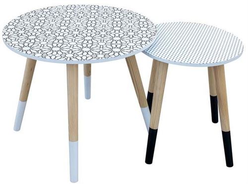The Home Deco Factory - Tables gigognes plateau déco pieds bicolores (Lot de 2) Fleurs et pois