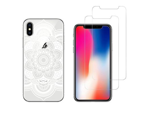 iPhone 10 iPhone X - Combo (1 coque + 2 verres trempés ) Coque Gel transparente et solide anti choc + 2 films en verre trempé (Rosace Blanche)