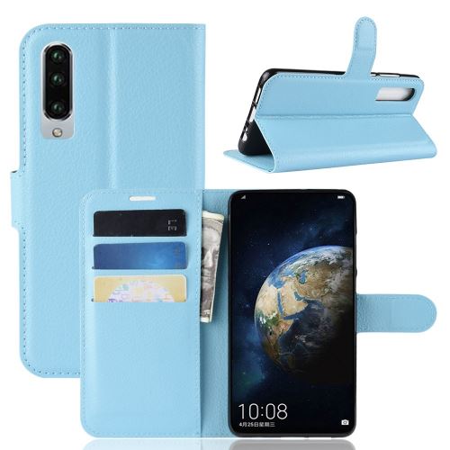 Etui en PU litchi avec support bleu pour votre Huawei P30