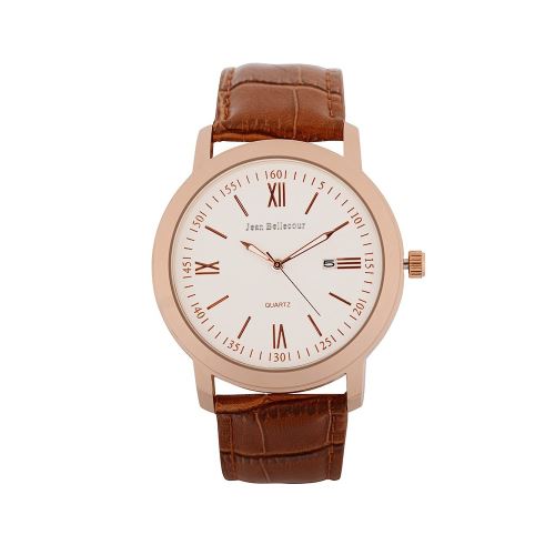 Montre Mixte Jean Bellecour Cadran 38cm En Acier Blanc Et Bracelet Marron En Cuir S0036-3