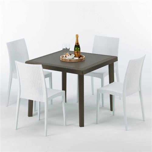 Grand Soleil - Table carrée et 4 chaises colorées Poly-rotin résine 90x90 marron, Chaises Modèle: Bistrot Blanc