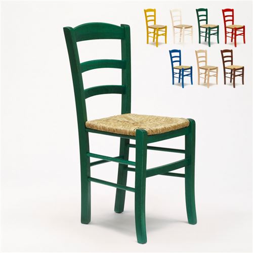 Chaise en bois et assise en paille pour salle à manger bar et restaurant Paesana, Couleur: Vert foncé