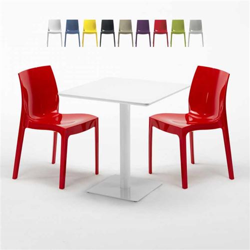 Table carrée 70x70 blanche avec 2 chaises colorées Ice Meringue, Couleur: Rouge