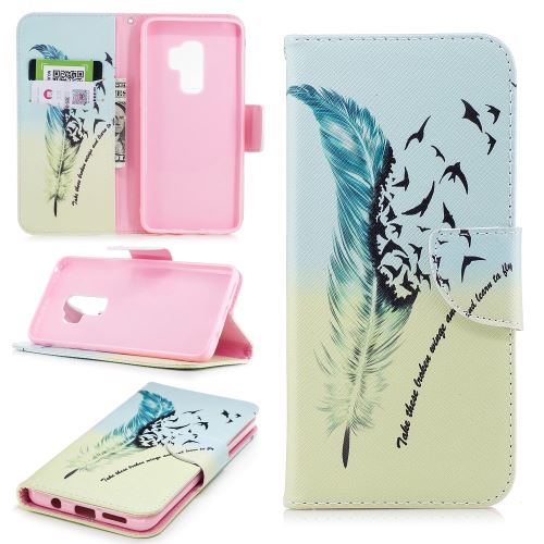 Etui en PU support d'impression et d'oiseaux en plumes pour Samsung Galaxy S9+