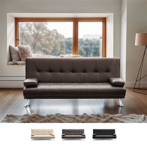 Modus Sofà - Canapé Clic Clac convertible double 2 Places en faux cuir avec accoudoirs Olivina pour la maison et les lieux publics, Couleur: Marron