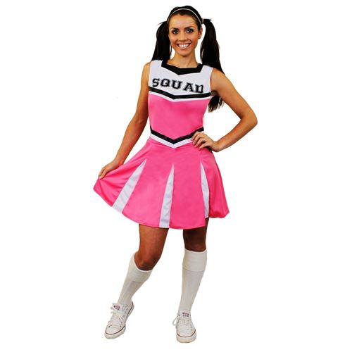 Déguisement pour femme de cheerleader avec un ensemble rose haut et jupe en 1 pièce. Idéal pour les enterrements de vie de jeune fille. ( Medium )