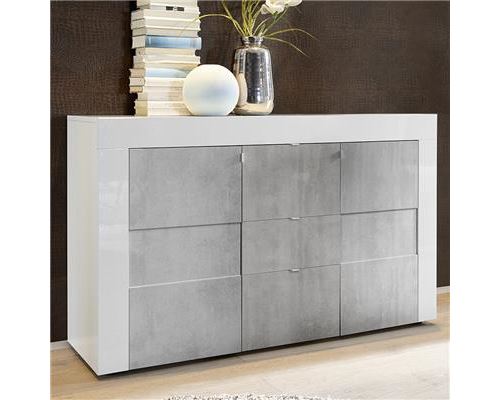 Bahut blanc laqué brillant et effet béton FACTORY 3 - Blanc - L 138 x P 42 x H 84 cm