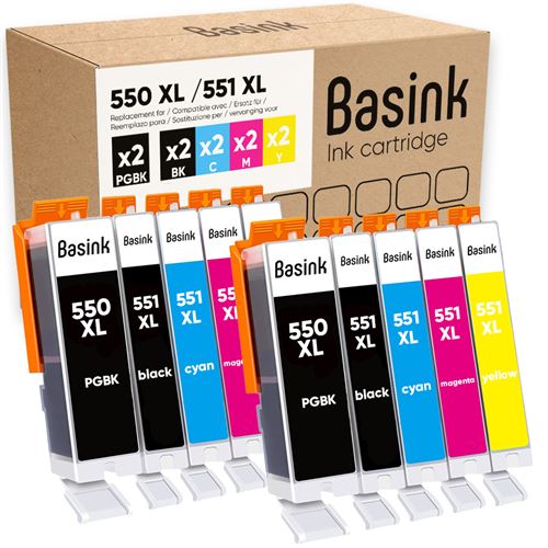 Basink Cartouche d'encre Compatible avec Canon PG-550 551 XL Pack 10 IP7200-7250 IX6850 MG5450-5500-5550-5600-5650-5655-6450-6650 MX720-725-920-925