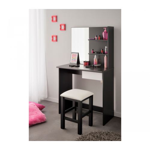 Pack Coiffeuse Tabouret Bois Noire Miroir - Terre de Nuit