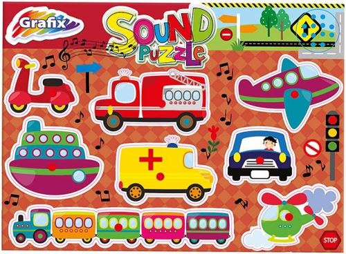 Puzzle a encastrer musical en bois 8 pieces - les vehicules : train voiture camion pompier moto avion bateau - puzzle bouton