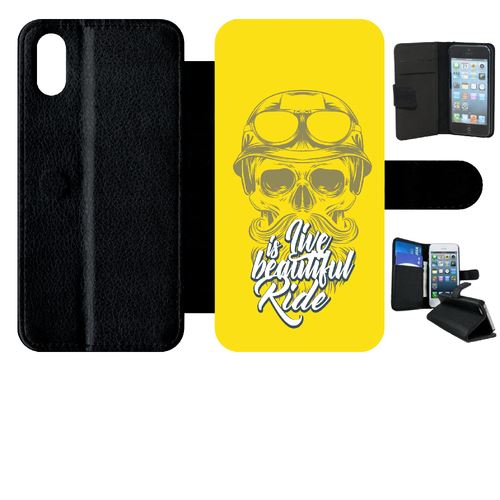 Etui My-Kase pour iPhone X - life is beautiful ride tete entiere fond jaune - Simili-cuir Noir