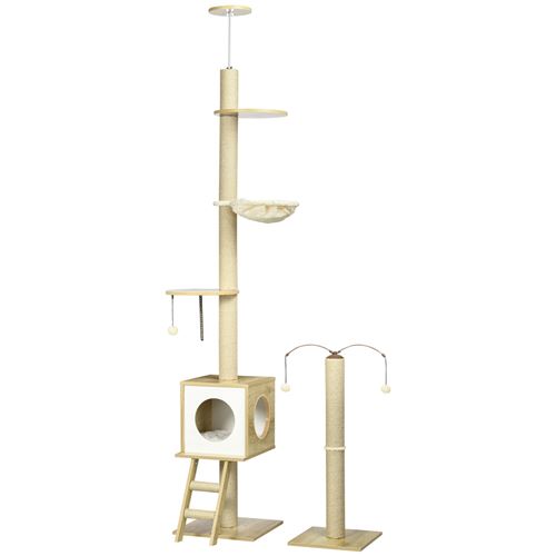 PawHut Set aus 2 Boden-Decke-Kratzbäumen mit höhenverstellbarer 225-285 cm 4 Ebenen - Höhle, Hängematte, Leiter, Spielzeug - Beige   Aosom