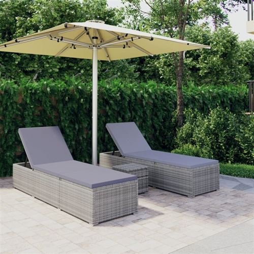 Chaises longues de jardin table &agrave; th&eacute; 3 pcs R&eacute;sine tress&eacute;e Gris