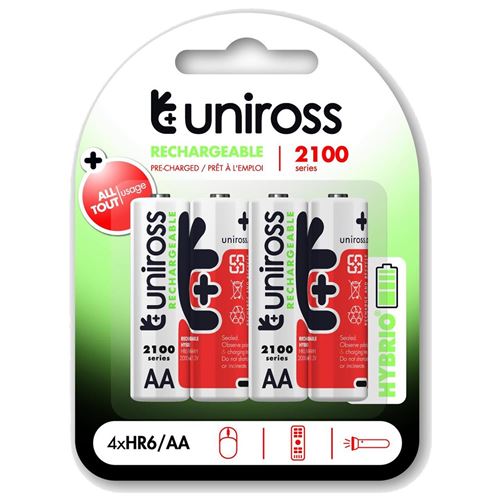 UNIROSS Pack de 4 Piles Rechargeable AA/HR6 2100 NIMH HYBRIO, 1.2V