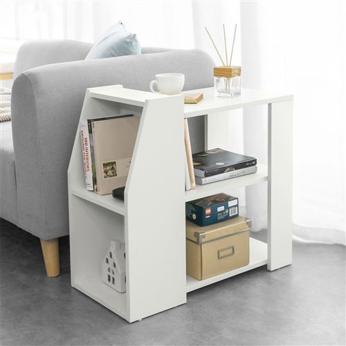 SoBuy® FBT104-W Bout de Canapé Table d’Appoint Meuble de Rangement avec 3 Etagères et 2 Compartiments Ouverts