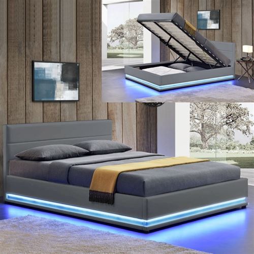 Lit led avec coffre de rangement AVA - 180x200 - Gris
