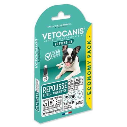 Meilleurs prix pour VETOCANIS 4 Pipettes anti-puces et anti-tiques - Pour petit chien 2-10 kg - 4x 1 mois de protection
