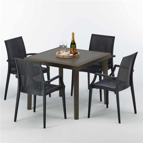 Grand Soleil - Table carrée et 4 chaises colorées Poly-rotin résine 90x90 marron, Chaises Modèle: Bistrot Arm Anthracite noir