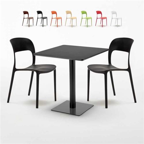 Table carrée noire 70x70 avec 2 chaises colorées Restaurant Kiwi, Couleur: Noir