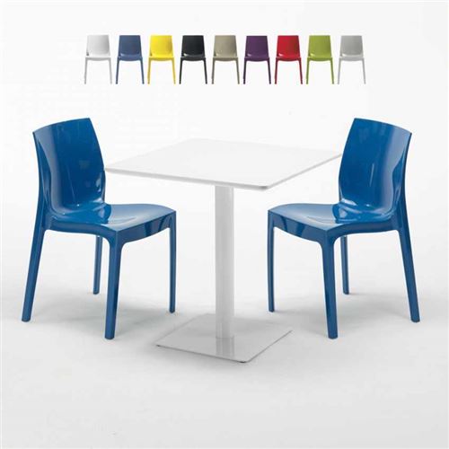 Table carrée 70x70 blanche avec 2 chaises colorées Ice Meringue, Couleur: Bleu