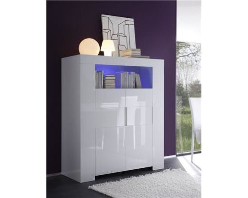 Buffet haut blanc laqué 2 portes avec éclairage LED design ELEONORE