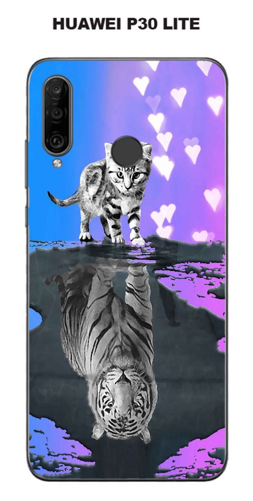 Coque Huawei P30 Lite design Chat Tigre Blanc fond bleu rose