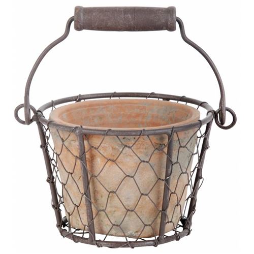 L'Héritier Du Temps - Joli petit panier décoratif avec anse et son pot en terre cuite intérieur ou extérieur panière grillagée en fer 9,5x13x15,5cm